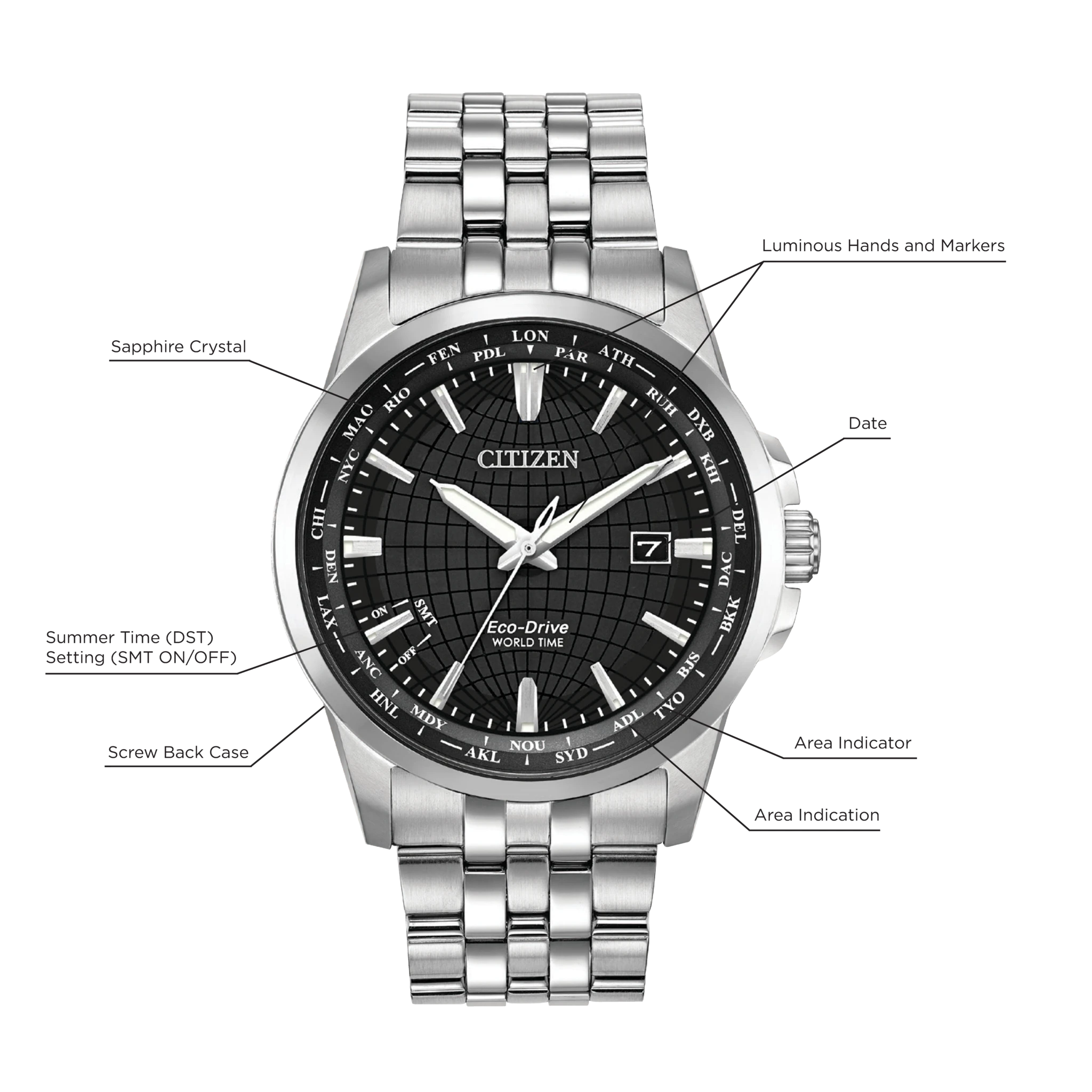 World Time Black Dial Stainless Steel Bracelet BX1000-57E | CITIZEN